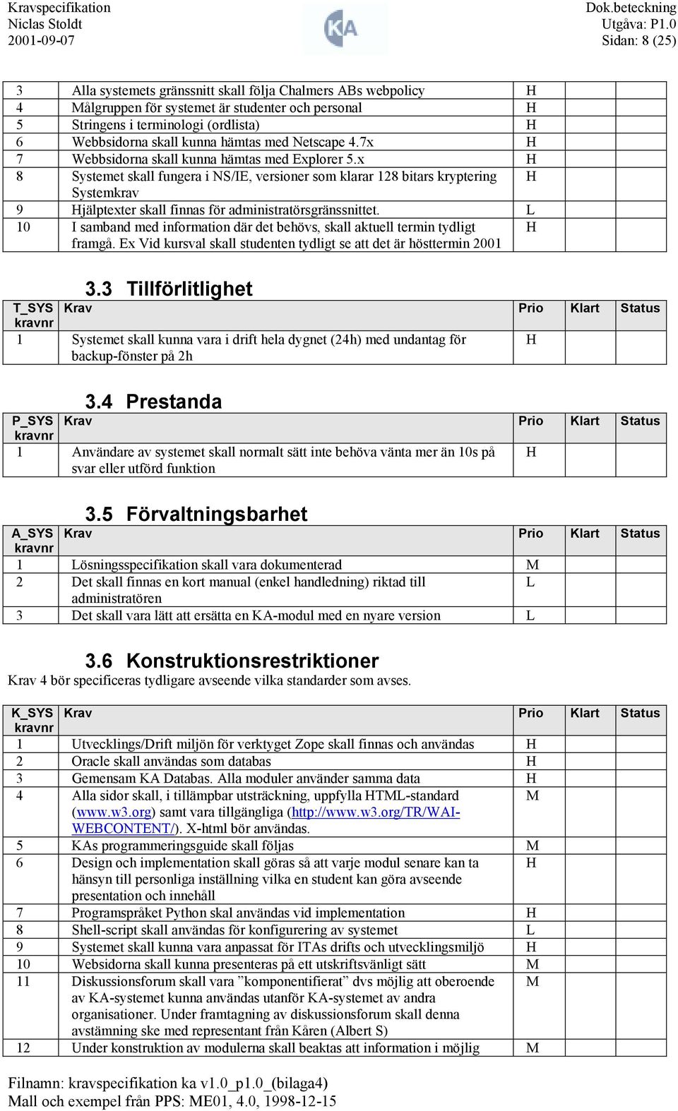 x 8 Systemet skall fungera i NS/IE, versioner som klarar 128 bitars kryptering Systemkrav 9 jälptexter skall finnas för administratörsgränssnittet.