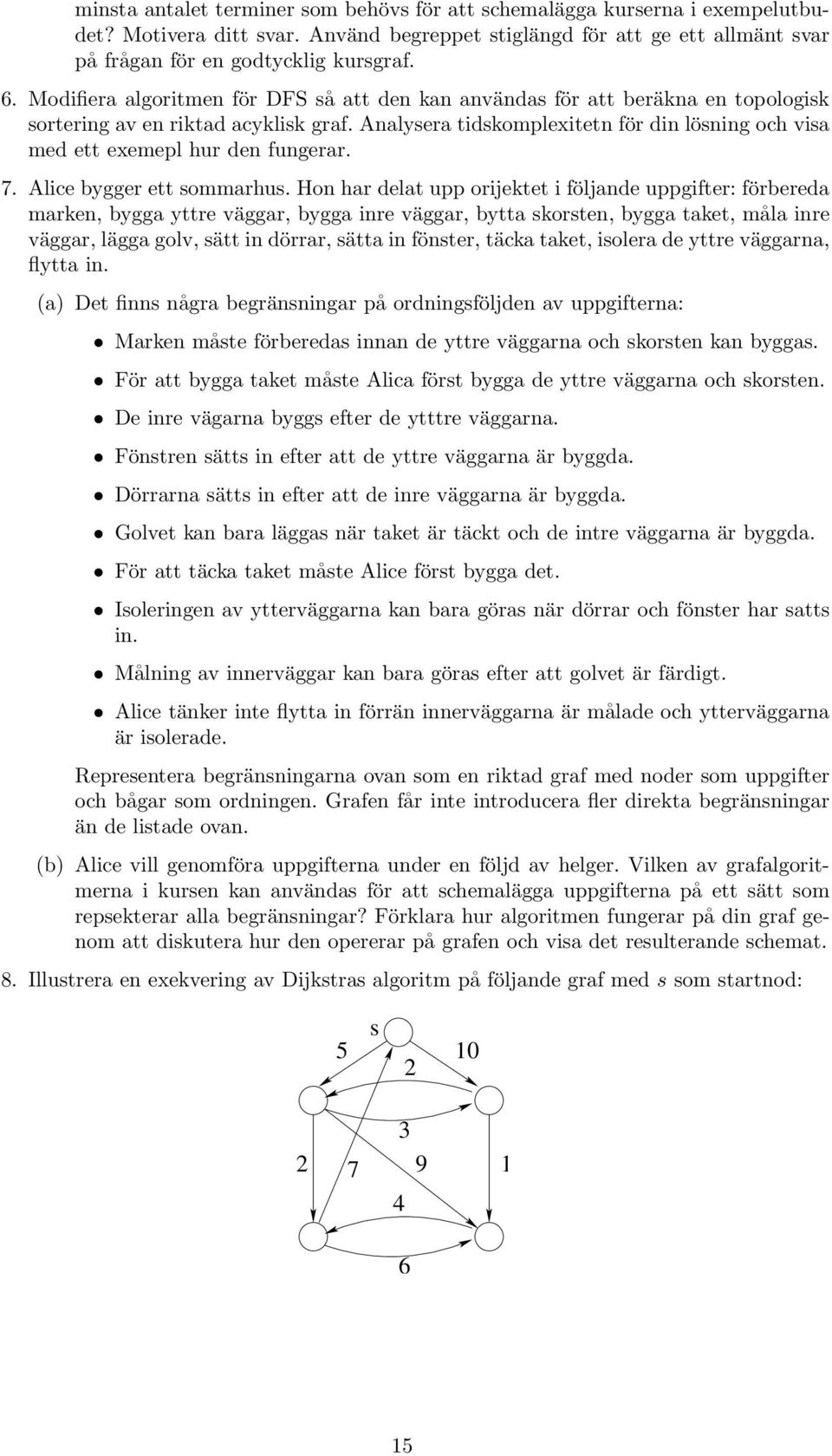 sortering av en riktad acyklisk graf Analysera tidskomplexitetn för din lösning och visa med ett exemepl hur den fungerar 7 Alice bygger ett sommarhus Hon har delat upp orijektet i följande