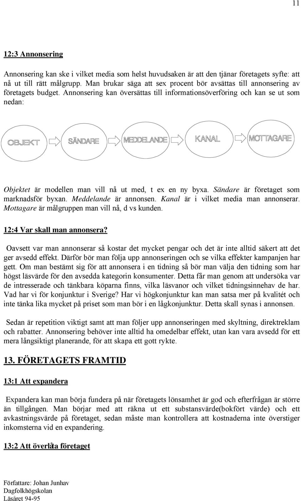 Annonsering kan översättas till informationsöverföring och kan se ut som nedan: Objektet är modellen man vill nå ut med, t ex en ny byxa. Sändare är företaget som marknadsför byxan.