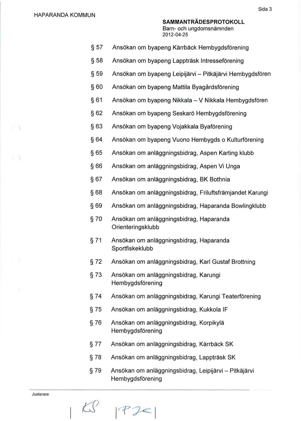 Hembygds o Kulturförening 65 Ansökan om anläggningsbidrag, Aspen Karting klubb 66 Ansökan om anläggningsbidrag, Aspen Vi Unga 67 Ansökan om anläggningsbidrag, BK Bothnia 68 Ansökan om