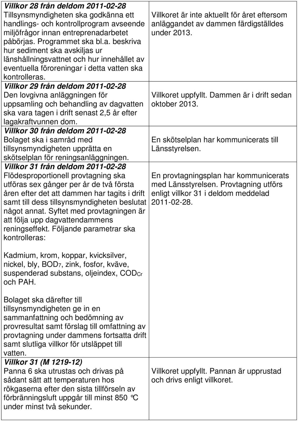 Villkor 30 från deldom 2011-02-28 Bolaget ska i samråd med tillsynsmyndigheten upprätta en skötselplan för reningsanläggningen.