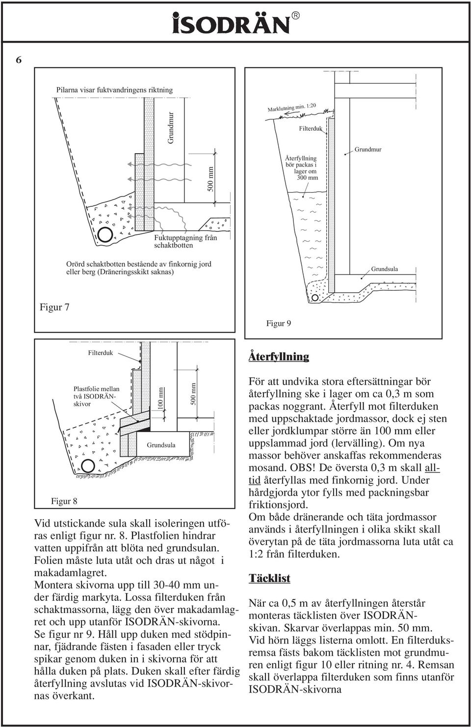 mellan två ISODRÄNskivor Vid utstickande sula skall isoleringen utföras enligt figur nr. 8. Plastfolien hindrar vatten uppifrån att blöta ned grundsulan.