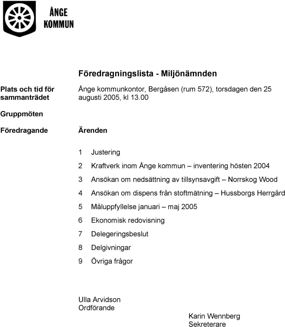 00 Gruppmöten Föredragande Ärenden 1 Justering 2 Kraftverk inom Ånge kommun inventering hösten 2004 3 Ansökan om nedsättning av