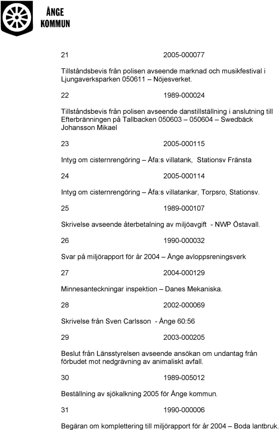 Åfa:s villatank, Stationsv Fränsta 24 2005-000114 Intyg om cisternrengöring Åfa:s villatankar, Torpsro, Stationsv. 25 1989-000107 Skrivelse avseende återbetalning av miljöavgift - NWP Östavall.