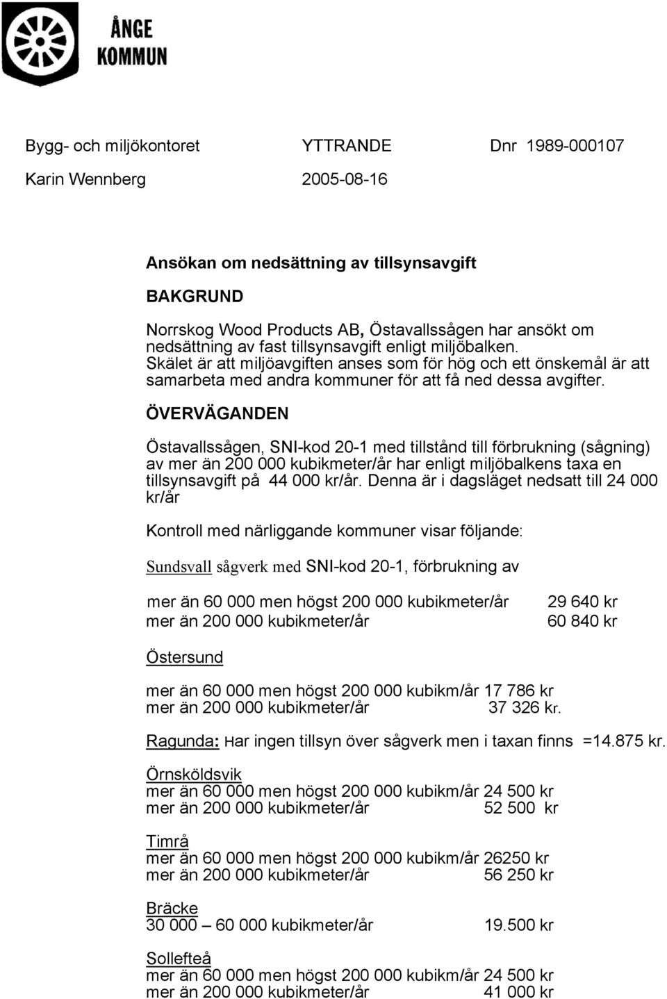 ÖVERVÄGANDEN Östavallssågen, SNI-kod 20-1 med tillstånd till förbrukning (sågning) av mer än 200 000 kubikmeter/år har enligt miljöbalkens taxa en tillsynsavgift på 44 000 kr/år.