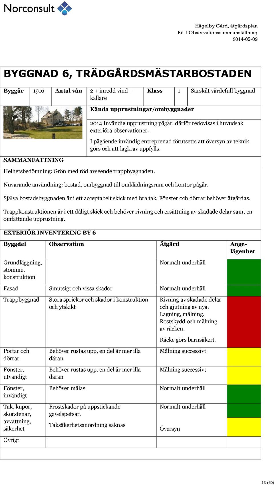 SAMMANFATTNING Helhetsbedömning: Grön med röd avseende trappbyggnaden. Nuvarande användning: bostad, ombyggnad till omklädningsrum och kontor pågår.