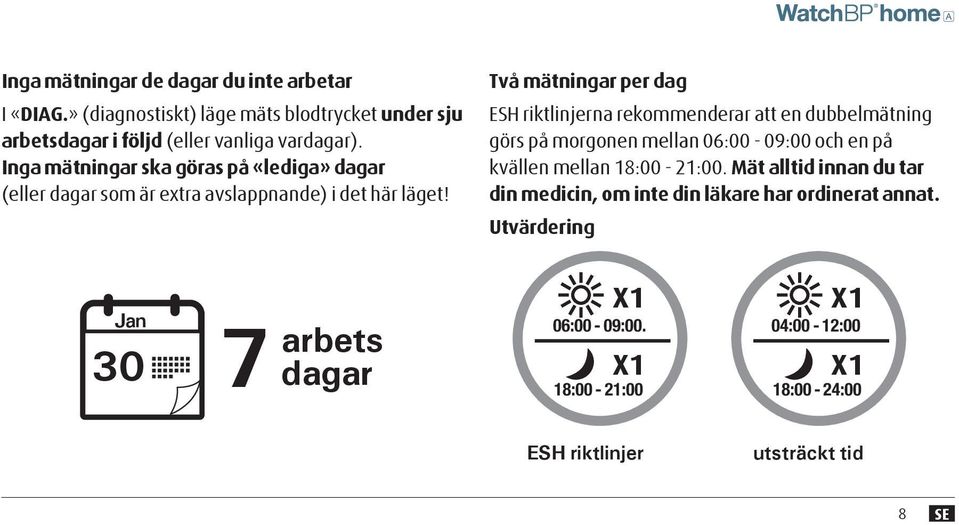 Två mätningar per dag ESH riktlinjerna rekommenderar att en dubbelmätning görs på morgonen mellan 06:00-09:00 och en på kvällen mellan 18:00-21:00.