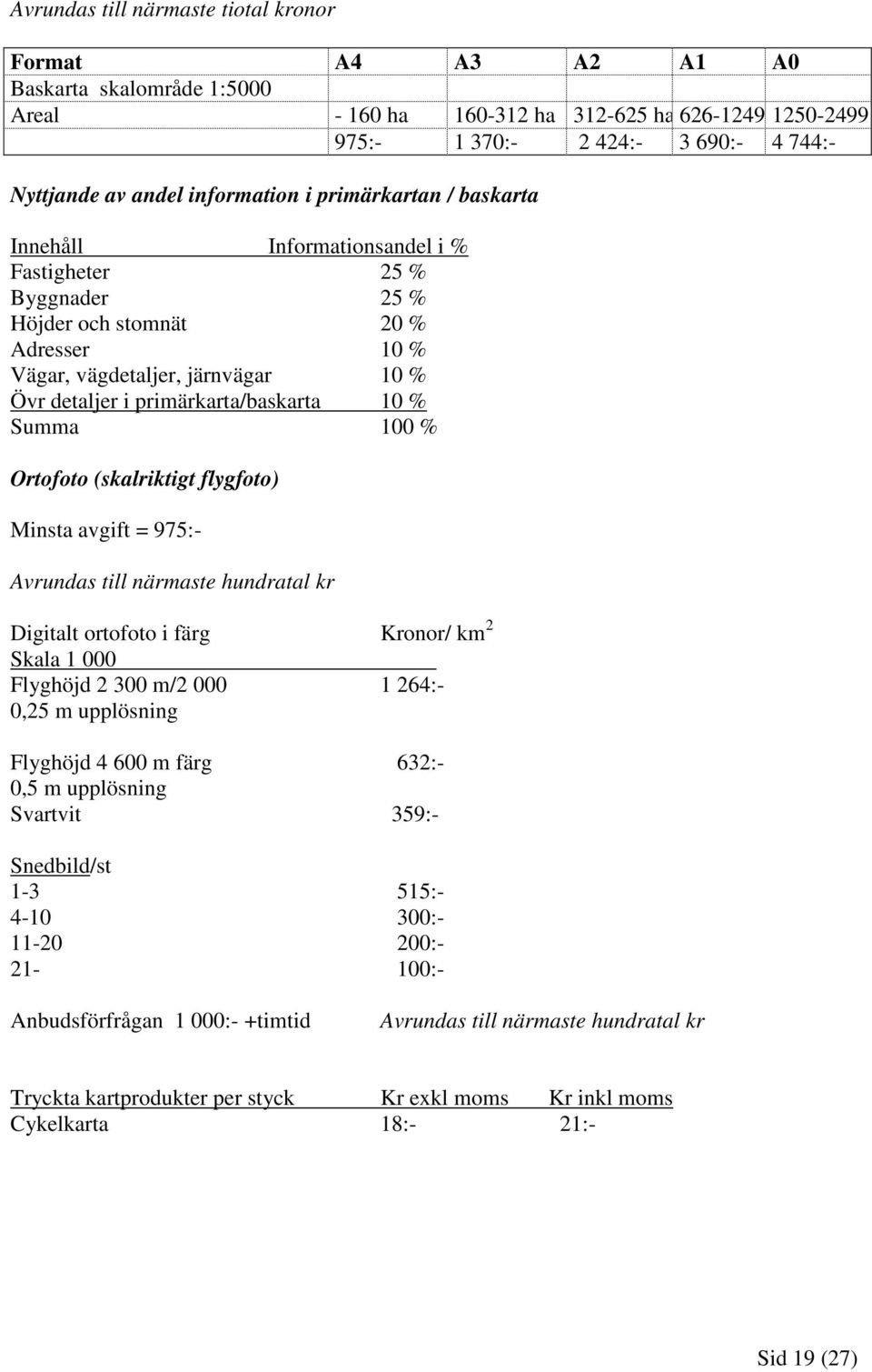 primärkarta/baskarta 10 % Summa 100 % Ortofoto (skalriktigt flygfoto) Minsta avgift = 975:- Avrundas till närmaste hundratal kr Digitalt ortofoto i färg Kronor/ km 2 Skala 1 000 Flyghöjd 2 300 m/2