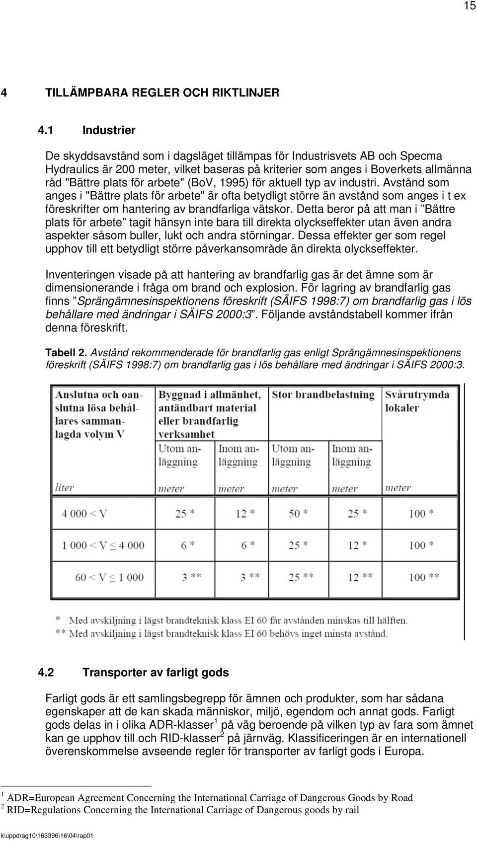 arbete" (BoV, 1995) för aktuell typ av industri. Avstånd som anges i "Bättre plats för arbete" är ofta betydligt större än avstånd som anges i t ex föreskrifter om hantering av brandfarliga vätskor.