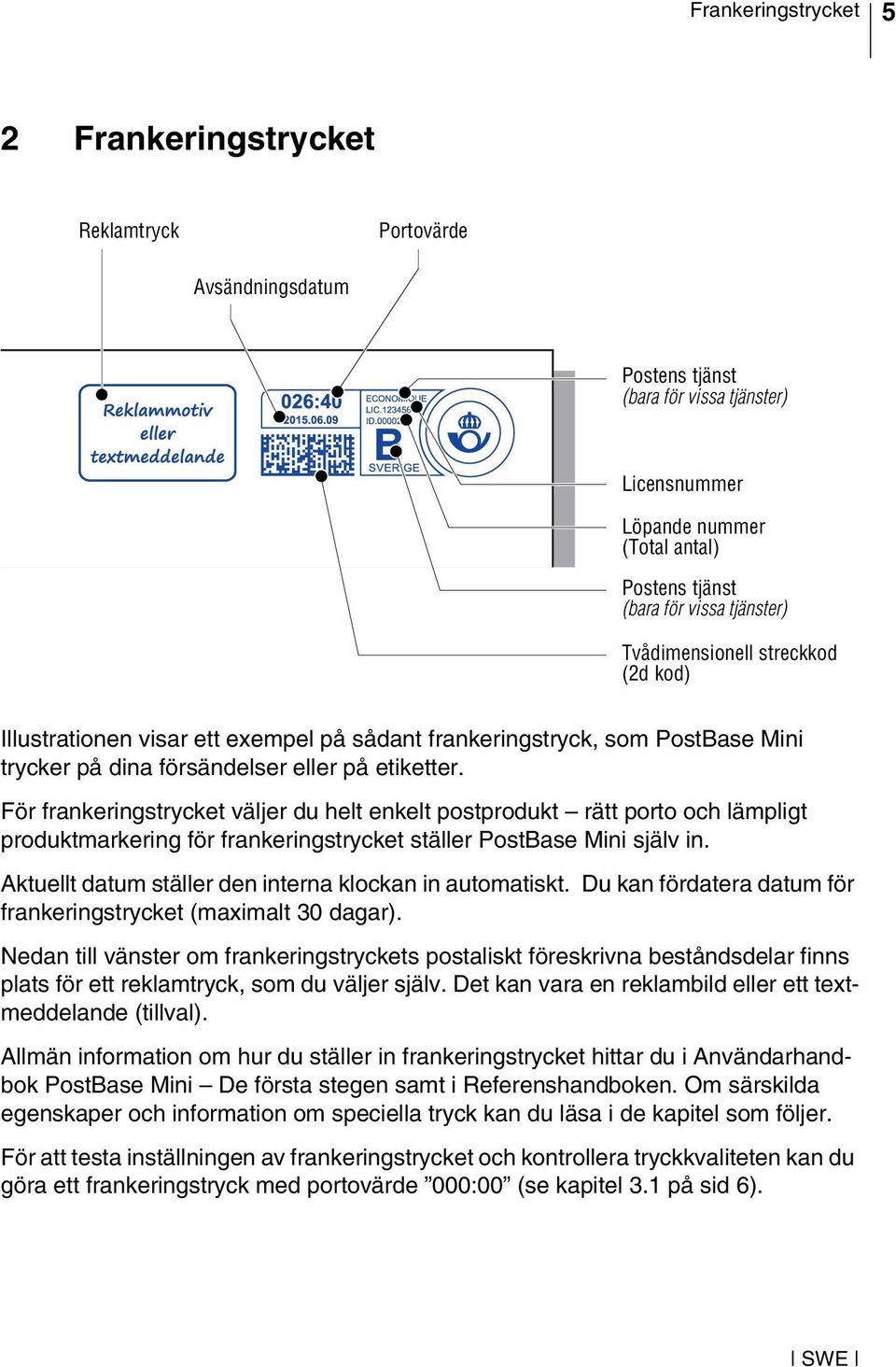 För frankeringstrycket väljer du helt enkelt postprodukt rätt porto och lämpligt produktmarkering för frankeringstrycket ställer PostBase Mini själv in.