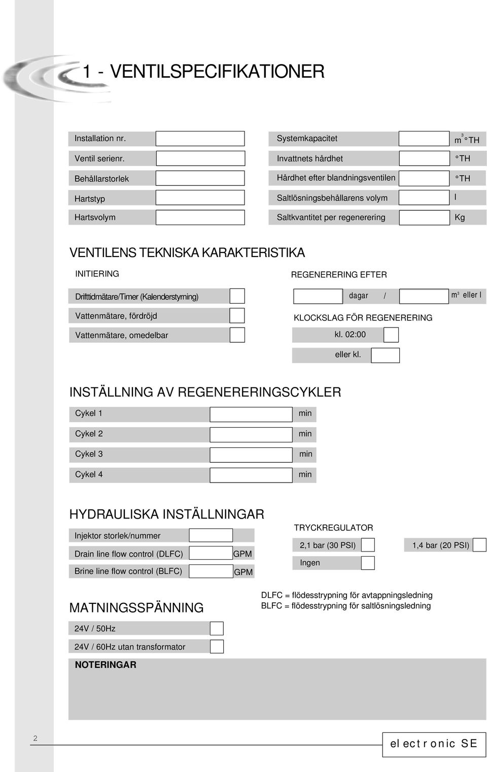 INITIERING REGENERERING EFTER Drifttidmätare/Timer (Kalenderstyrning) dagar / m 3 eller l Vattenmätare, fördröjd KLOCKSLAG FÖR REGENERERING Vattenmätare, omedelbar kl. 02:00 eller kl.