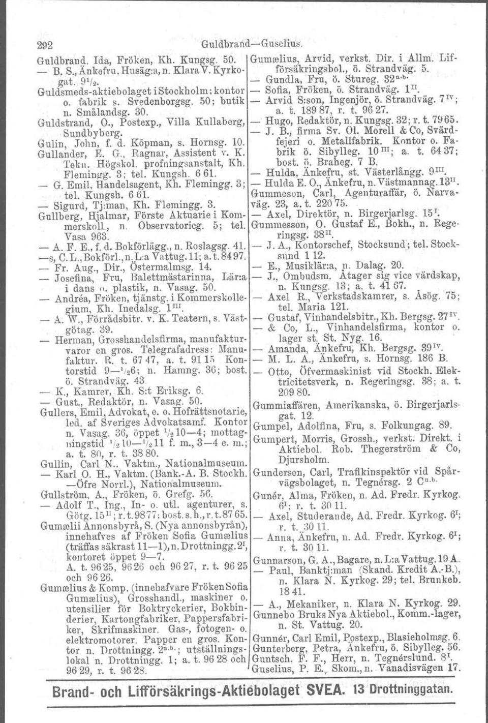 Smålandag. 30. a. t. 18987, r. t. 9627. Guldstrand. O., Postexp., Sundbyberg. Villa Kullaberg. - - Hugo, Redaktör, n. Kungsg. 32; r. t. 7965. J. B., firma Sv. 01. Morell & Co, Svärd- Gulin, John, f.