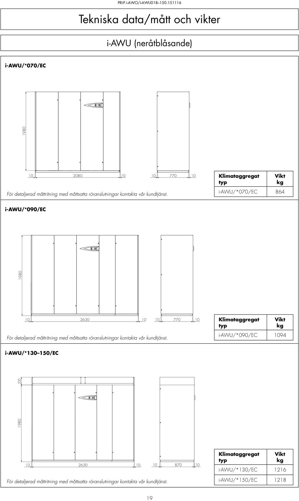 10 770 10 Vikt kg i-awu/*070/ec 864 i-awu/*090/ec 10 2630 10 För detaljerad måttritning med måttsatta  10 770 10 Vikt kg