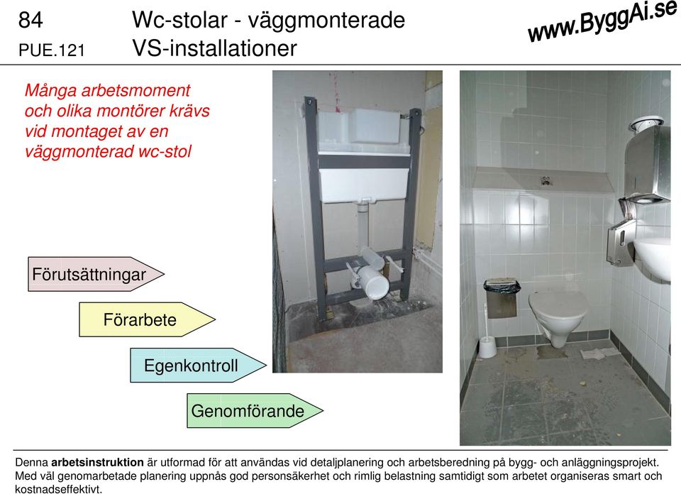 väggmonterad wc-stol Förutsättningar Förarbete Egenkontroll Genomförande Denna arbetsinstruktion är utformad för