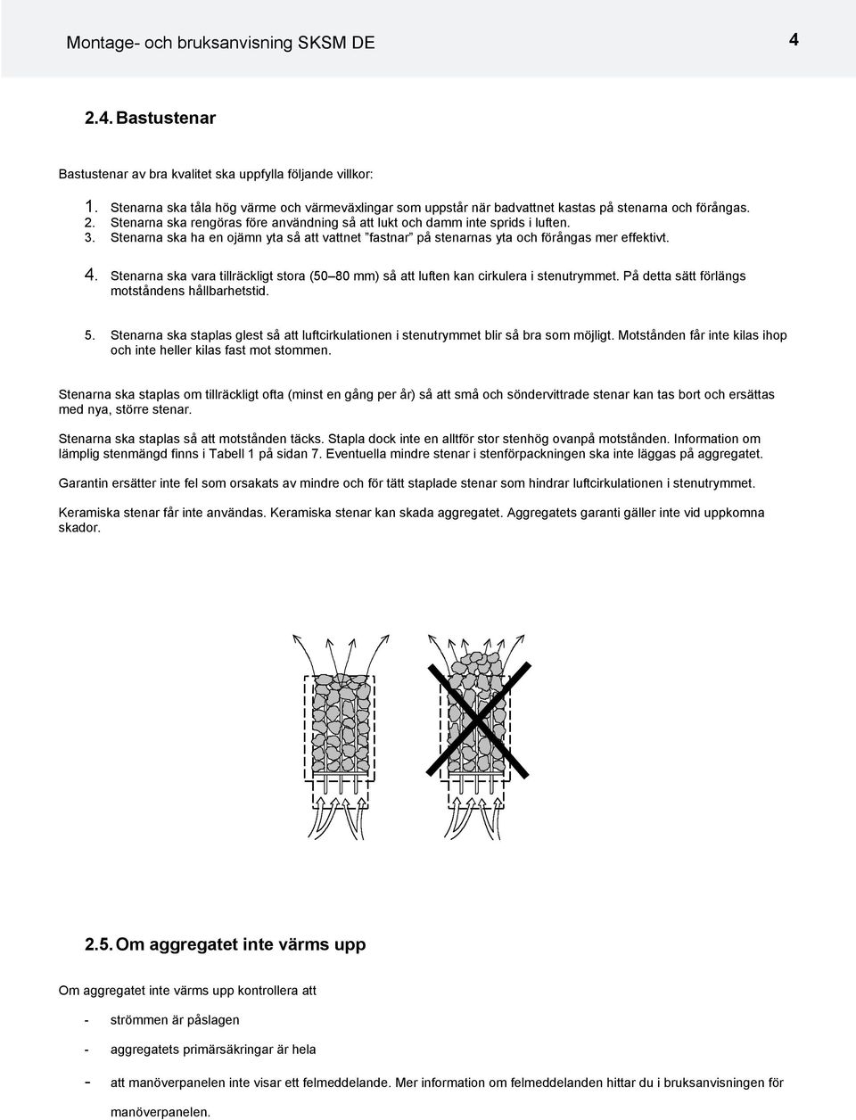 Stenarna ska ha en ojämn yta så att vattnet fastnar på stenarnas yta och förångas mer effektivt. 4. Stenarna ska vara tillräckligt stora (50 80 mm) så att luften kan cirkulera i stenutrymmet.