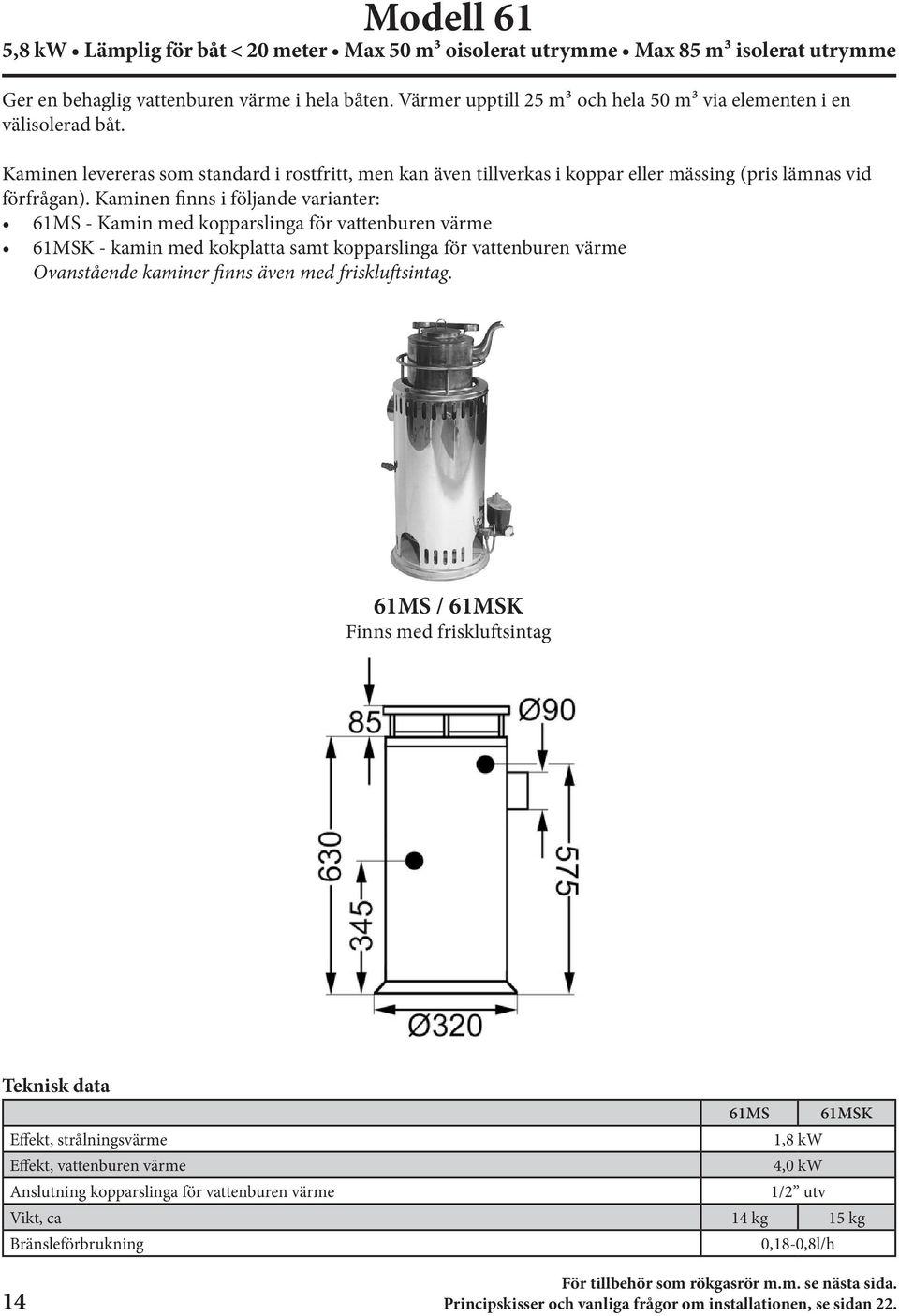 Kaminen finns i följande varianter: 61MS - Kamin med kopparslinga för vattenburen värme 61MSK - kamin med kokplatta samt kopparslinga för vattenburen värme Ovanstående kaminer finns även med