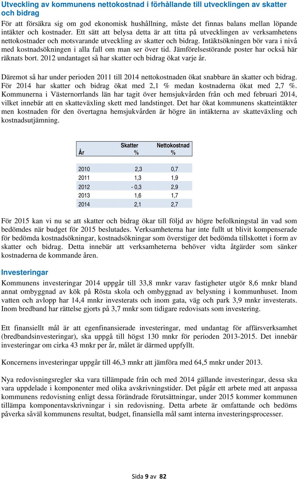 Intäktsökningen bör vara i nivå med kostnadsökningen i alla fall om man ser över tid. Jämförelsestörande poster har också här räknats bort. 2012 undantaget så har skatter och bidrag ökat varje år.