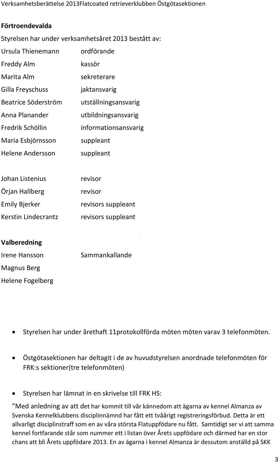 Kerstin Lindecrantz revisor revisor revisors suppleant revisors suppleant Valberedning Irene Hansson Magnus Berg Helene Fogelberg Sammankallande Styrelsen har under årethaft 11protokollförda möten