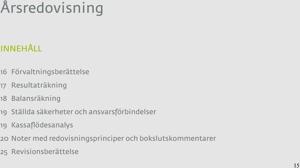 ansvarsförbindelser 19 Kassaflödesanalys 20 Noter med