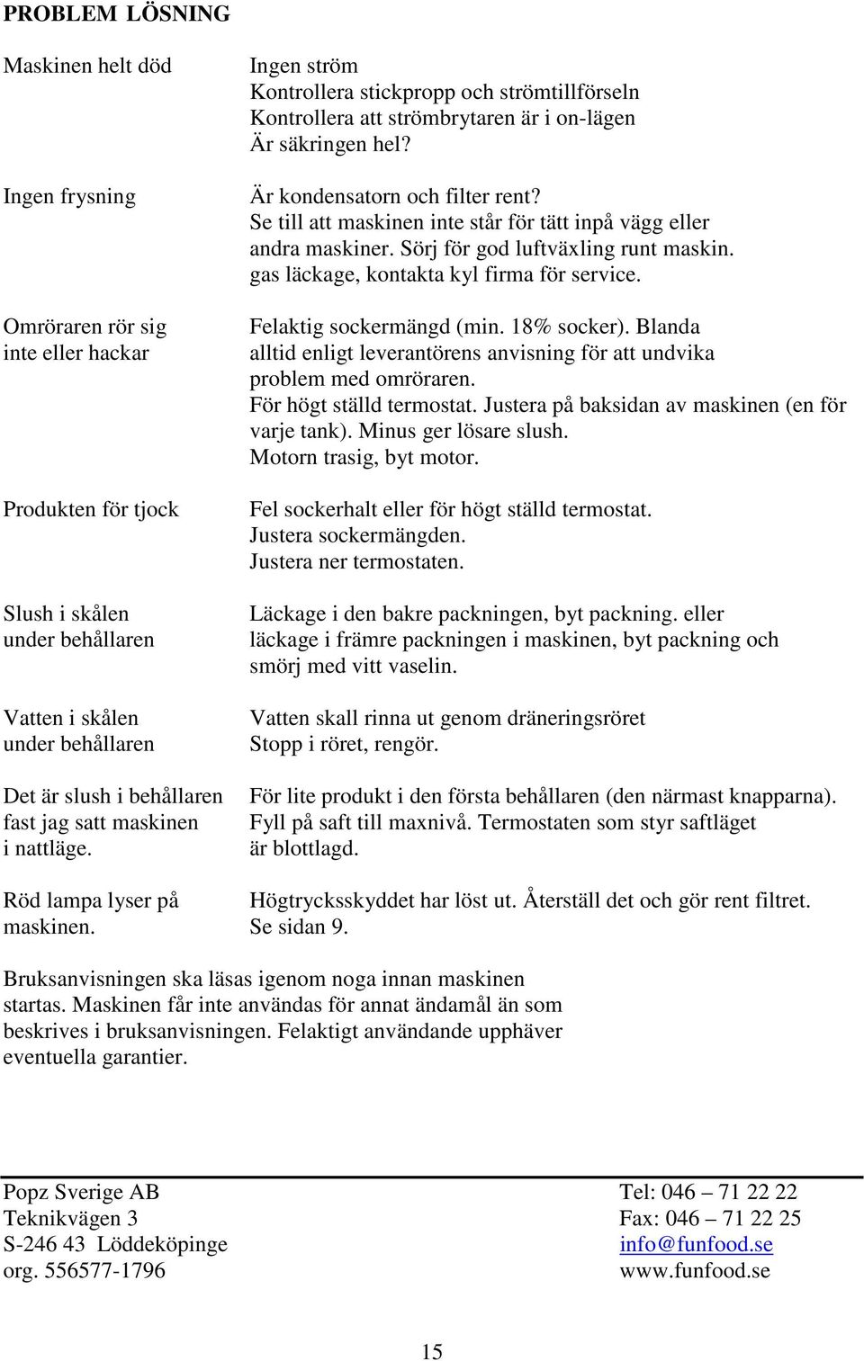 Se till att maskinen inte står för tätt inpå vägg eller andra maskiner. Sörj för god luftväxling runt maskin. gas läckage, kontakta kyl firma för service. Felaktig sockermängd (min. 18% socker).