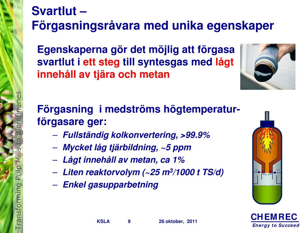 högtemperaturförgasare ger: Fullständig kolkonvertering, >99.