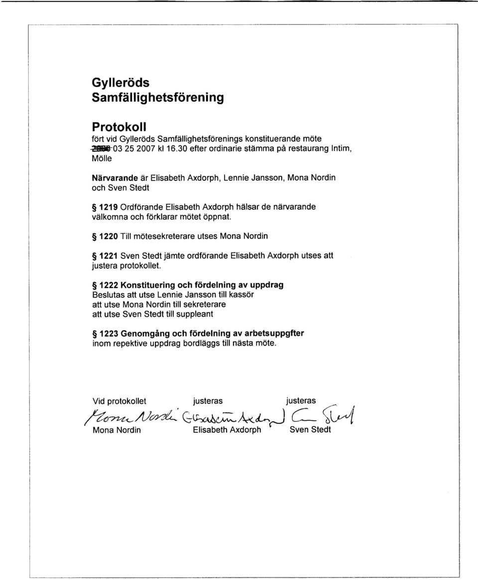 forklarar m6tet 6ppnat. S 1220 Till mdtesekreterare utses Mona Nordin S 1221 Sven Stedt jiimte ordforande Elisabeth Axdorph utses att justera protokollet.