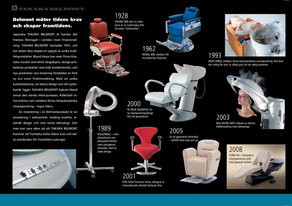 Bland dessa kan man finna klassiska succéer som blivit långsäljare, design-prisbelönta produkter som höjt komfortnivån, och 1962 MODEL 808, världens första elektriska frisörstol.