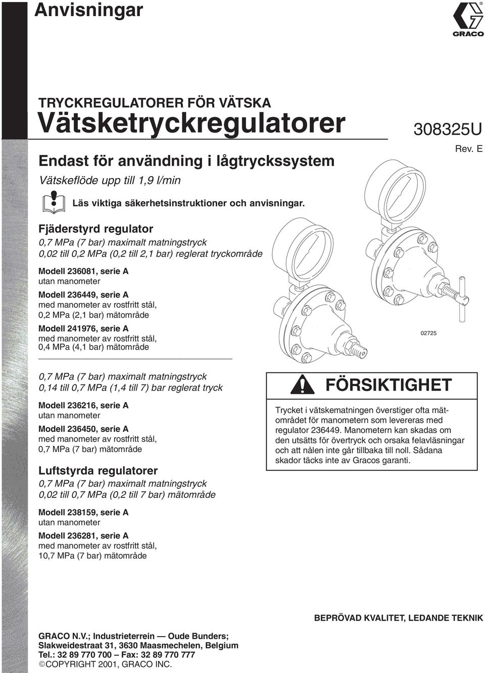 rostfritt stål, 0,2 MPa (2, bar) mätområde Modell 24976, serie A med manometer av rostfritt stål, 0,4 MPa (4, bar) mätområde 0,7 MPa (7 bar) maximalt matningstryck 0,4 till 0,7 MPa (,4 till 7) bar