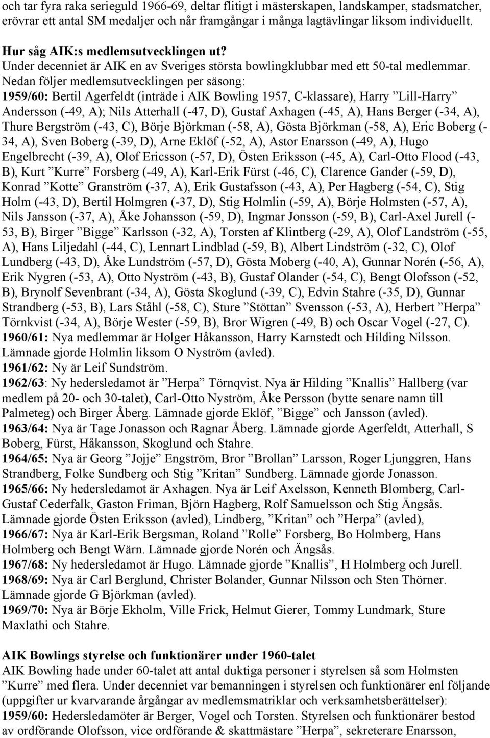 Nedan följer medlemsutvecklingen per säsong: 1959/60: Bertil Agerfeldt (inträde i AIK Bowling 1957, C-klassare), Harry Lill-Harry Andersson (-49, A); Nils Atterhall (-47, D), Gustaf Axhagen (-45, A),