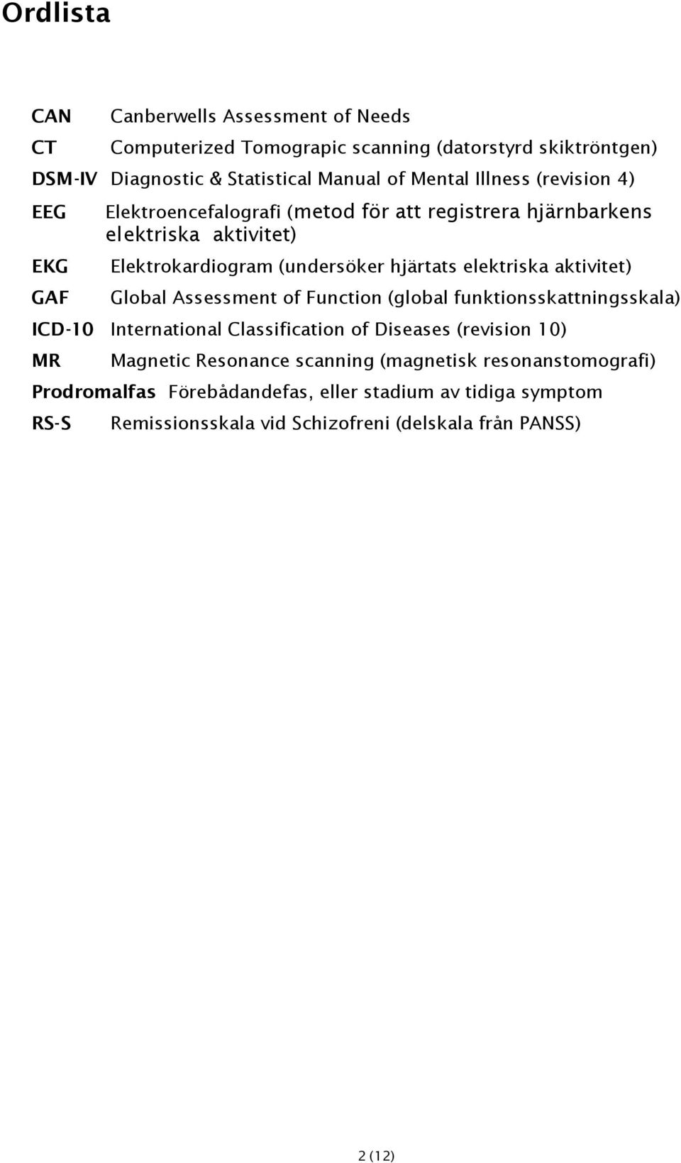 elektriska aktivitet) Global Assessment of Function (global funktionsskattningsskala) ICD-10 International Classification of Diseases (revision 10) MR Magnetic