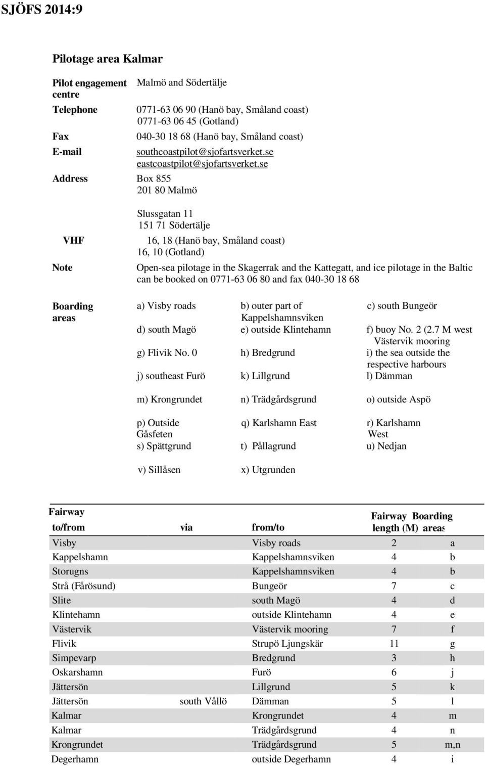 se Note VHF Boarding areas Slussgatan 11 151 71 Södertälje 16, 18 (Hanö bay, Småland coast) 16, 10 (Gotland) Open-sea pilotage in the Skagerrak and the Kattegatt, and ice pilotage in the Baltic can
