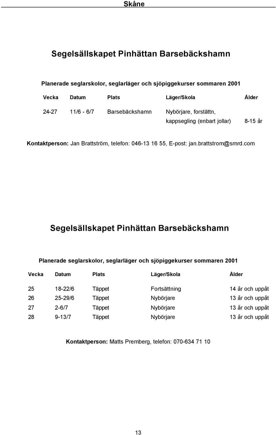 com Segelsällskapet Pinhättan Barsebäckshamn 25 18-22/6 Täppet Fortsättning 14 år och uppåt 26 25-29/6 Täppet Nybörjare