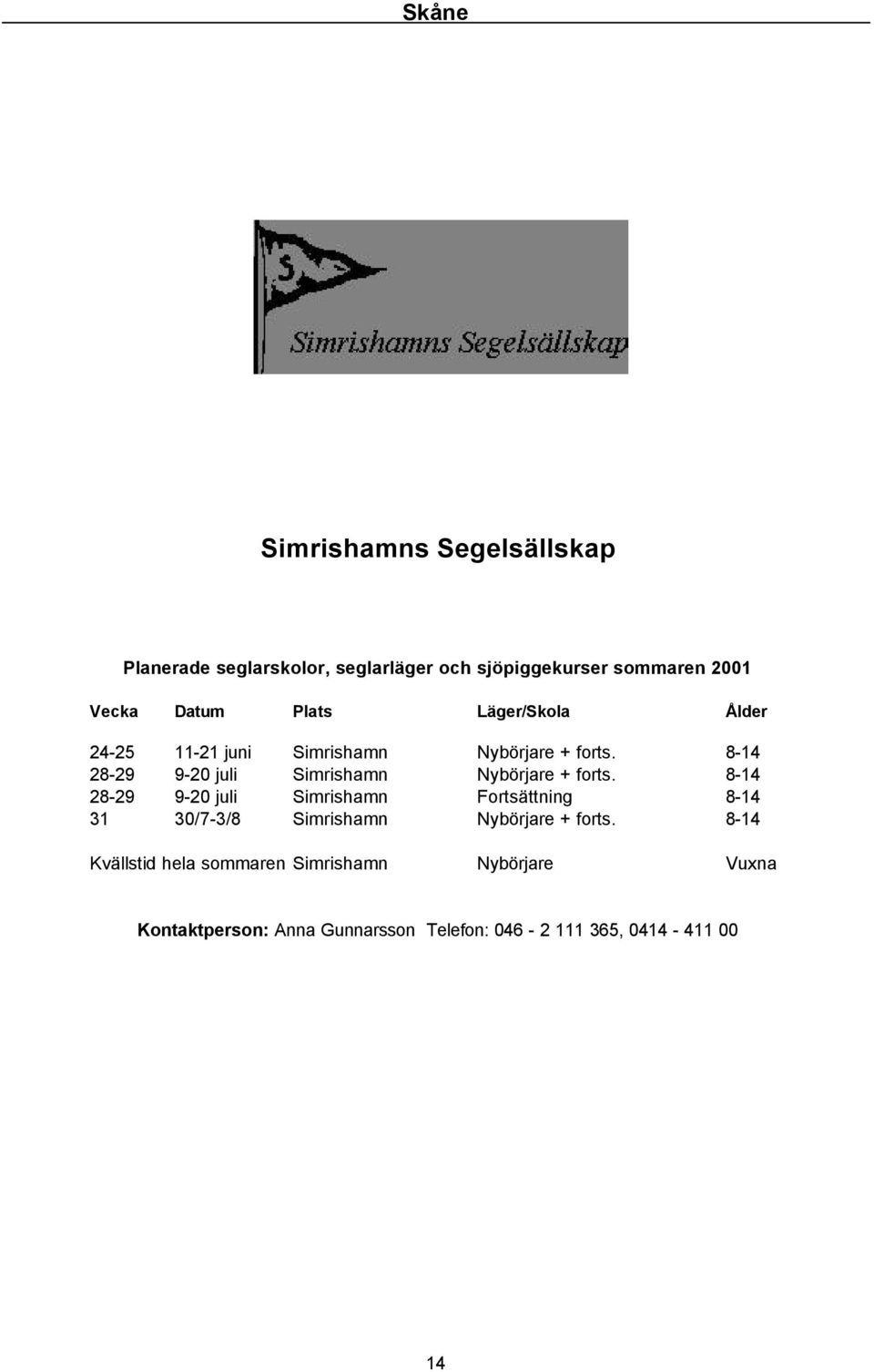 8-14 28-29 9-20 juli Simrishamn Fortsättning 8-14 31 30/7-3/8 Simrishamn Nybörjare +