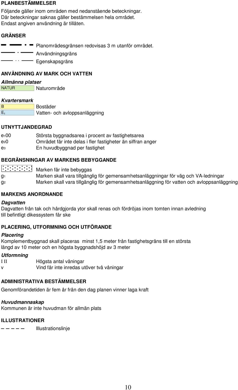 Användningsgräns Egenskapsgräns ANVÄNDNING AV MARK OCH VATTEN Allmänna platser NATUR Naturområde Kvartersmark B E 1 Bostäder Vatten- och avloppsanläggning UTNYTTJANDEGRAD e100 Största byggnadsarea i