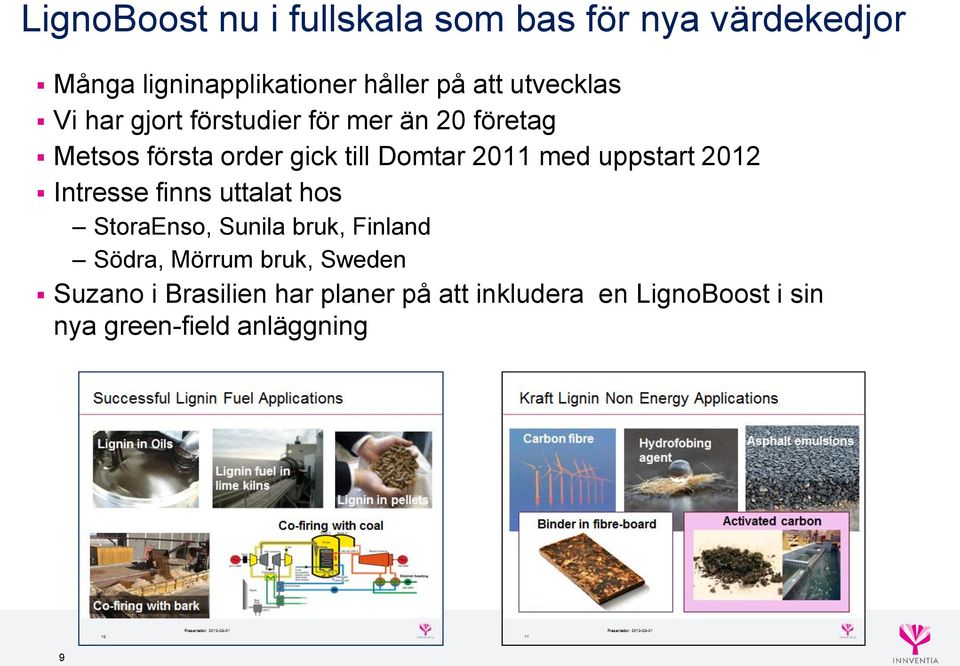 med uppstart 2012 Intresse finns uttalat hos StoraEnso, Sunila bruk, Finland Södra, Mörrum bruk,