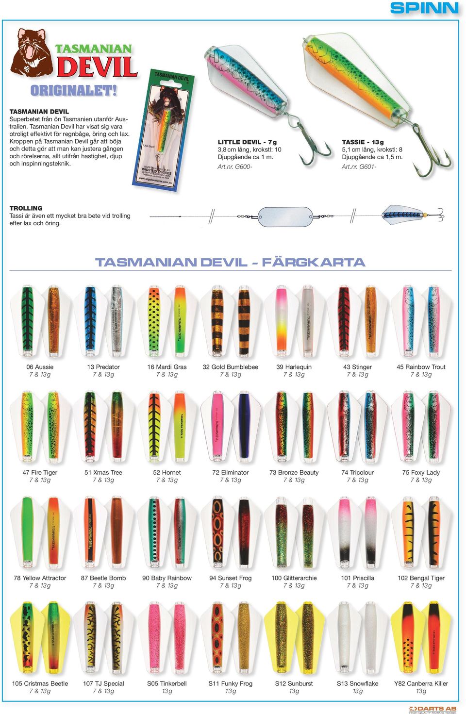 LITTLE DEVIL - 7 g 3,8 cm lång, krokstl: 10 Djupgående ca 1 m. TASSIE - 5,1 cm lång, krokstl: 8 Djupgående ca 1,5 m. Art.nr.