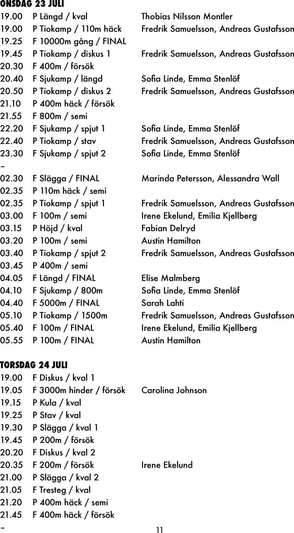 50 P Tiokamp / diskus 2 Fredrik Samuelsson, Andreas Gustafsson 21.10 P 400m häck / försök 21.55 F 800m / semi 22.20 F Sjukamp / spjut 1 Sofia Linde, Emma Stenlöf 22.