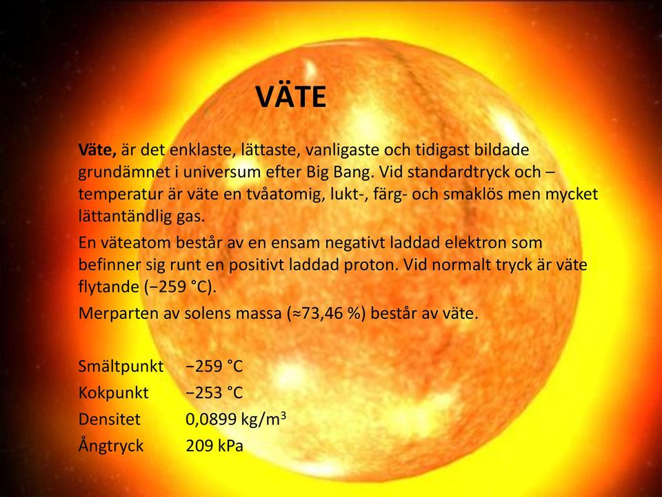 En väteatom består av en ensam negativt laddad elektron som befinner sig runt en positivt laddad proton.