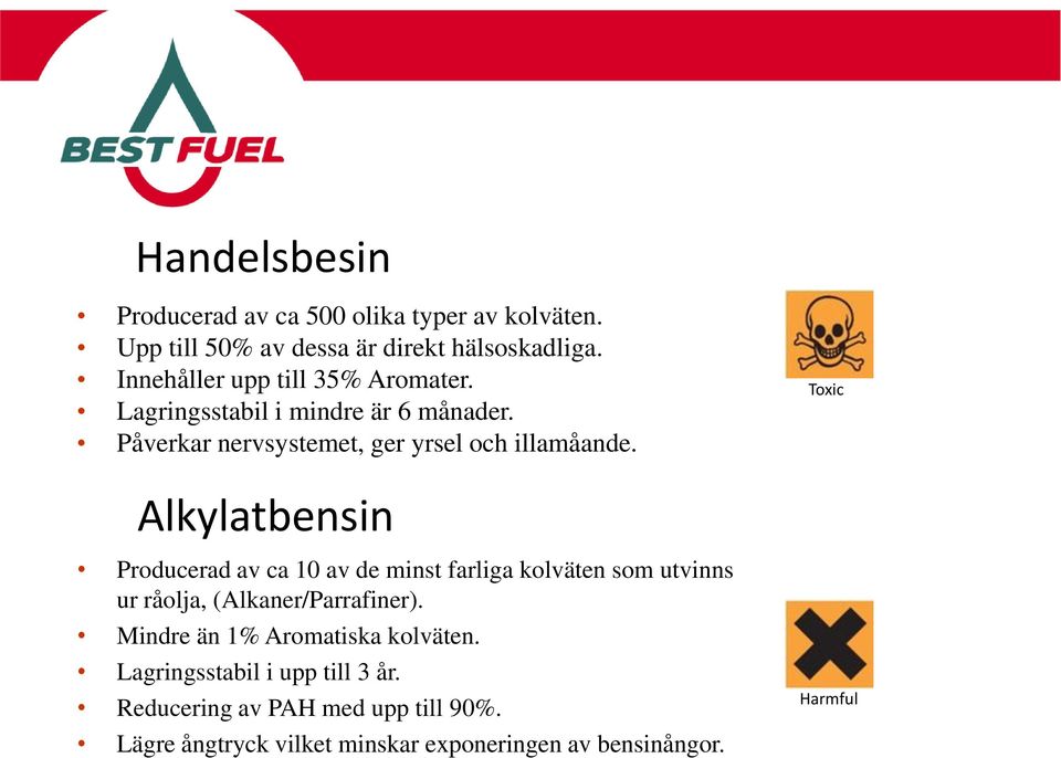 Toxic Alkylatbensin Producerad av ca 10 av de minst farliga kolväten som utvinns ur råolja, (Alkaner/Parrafiner).