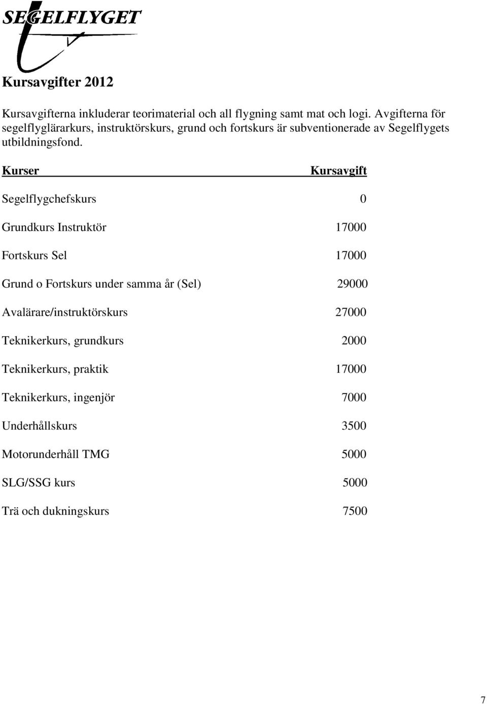 Kurser Kursavgift Segelflygchefskurs 0 Grundkurs Instruktör 17000 Fortskurs Sel 17000 Grund o Fortskurs under samma år (Sel) 29000