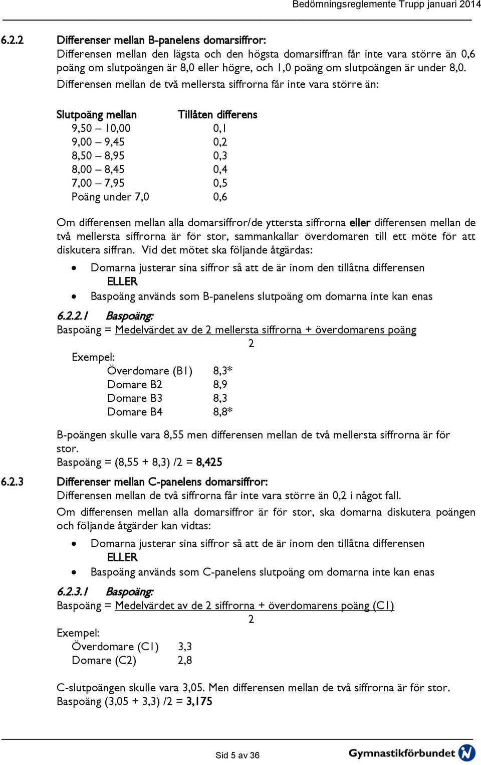 Differensen mellan de två mellersta siffrorna får inte vara större än: Slutpoäng mellan Tillåten differens 9,50 10,00 0,1 9,00 9,45 0,2 8,50 8,95 0,3 8,00 8,45 0,4 7,00 7,95 0,5 Poäng under 7,0 0,6