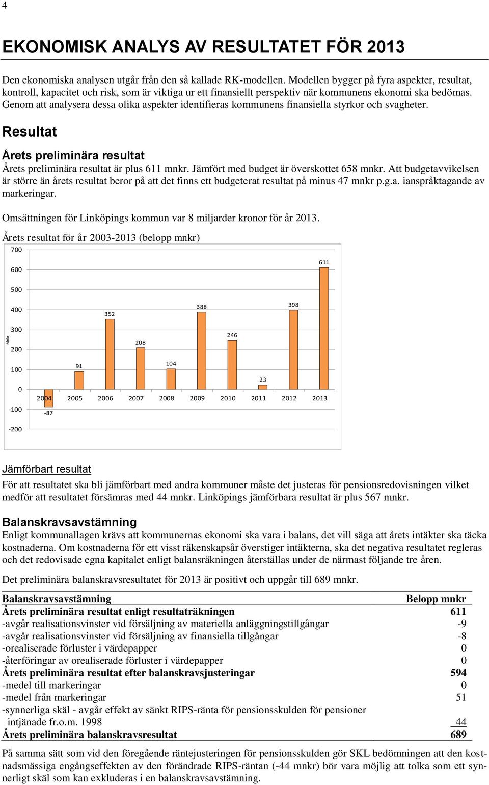 Genom att analysera dessa olika aspekter identifieras kommunens finansiella styrkor och svagheter. Resultat Årets preliminära resultat Årets preliminära resultat är plus 611 mnkr.