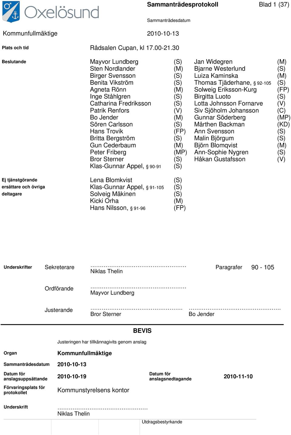 Solweig Eriksson-Kurg (FP) Inge Ståhlgren (S) Birgitta Luoto (S) Catharina Fredriksson (S) Lotta Johnsson Fornarve (V) Patrik Renfors (V) Siv Sjöholm Johansson (C) Bo Jender (M) Gunnar Söderberg (MP)