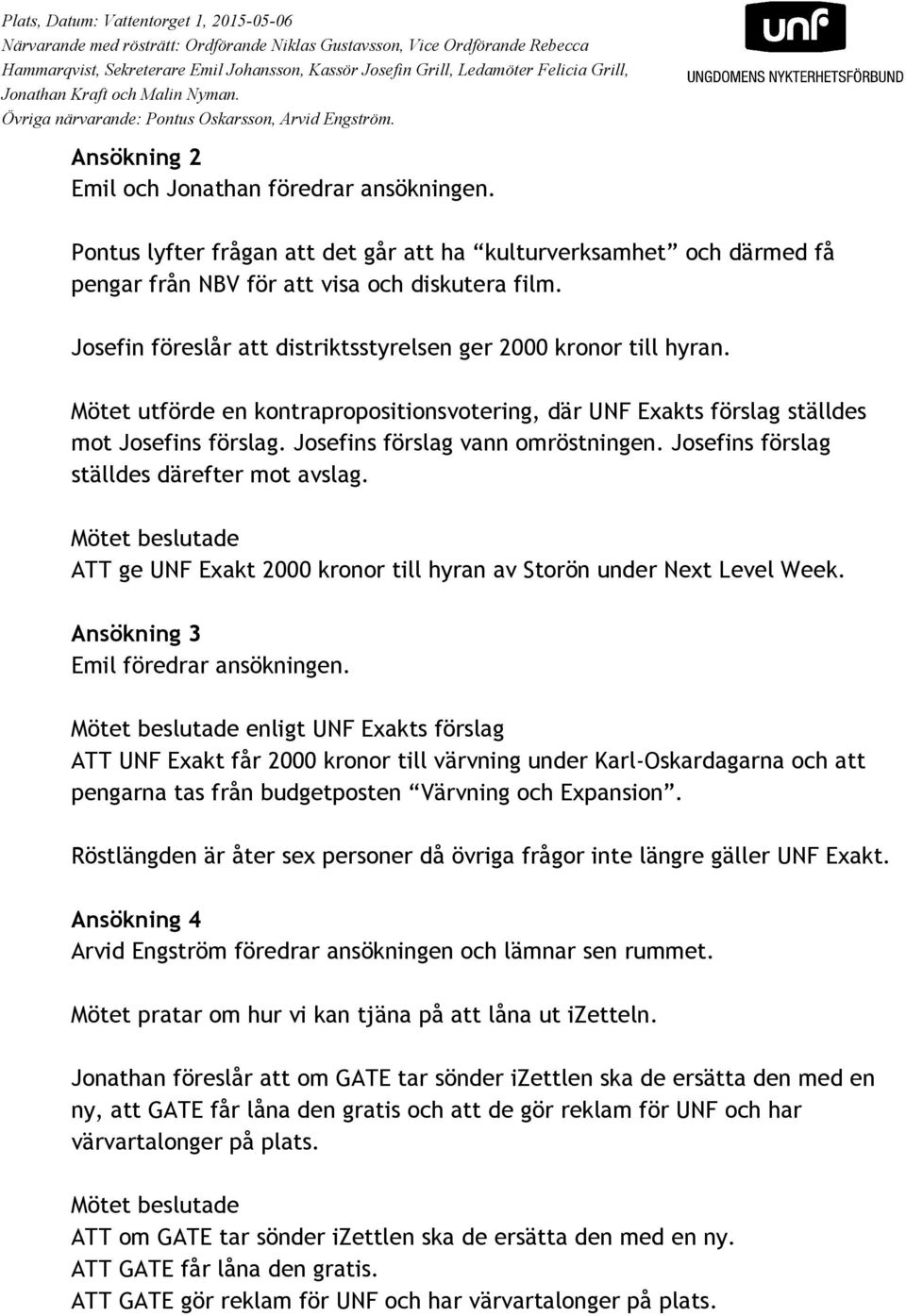 Josefins förslag vann omröstningen. Josefins förslag ställdes därefter mot avslag. ATT ge UNF Exakt 2000 kronor till hyran av Storön under Next Level Week. Ansökning 3 Emil föredrar ansökningen.