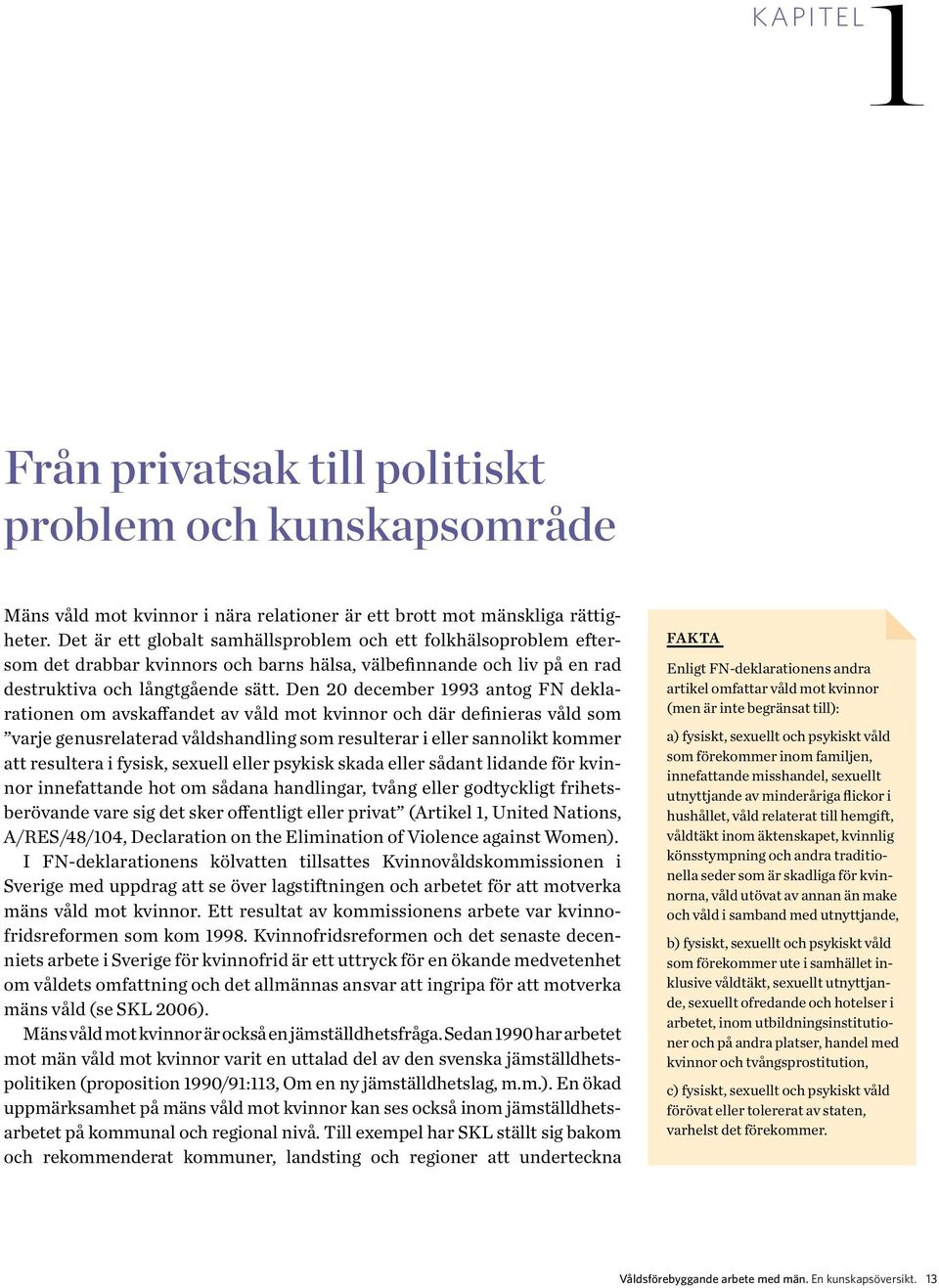 Den 20 december 1993 antog FN deklarationen om avskaffandet av våld mot kvinnor och där definieras våld som varje genusrelaterad våldshandling som resulterar i eller sannolikt kommer att resultera i