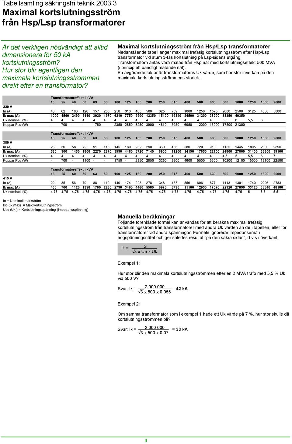 Maximal kortslutningsström från Hsp/Lsp transformatorer Nedanstående tabell anger maximal trefasig kortslutningsström efter Hsp/Lsp transformator vid stum 3-fas kortslutning på Lsp-sidans utgång.