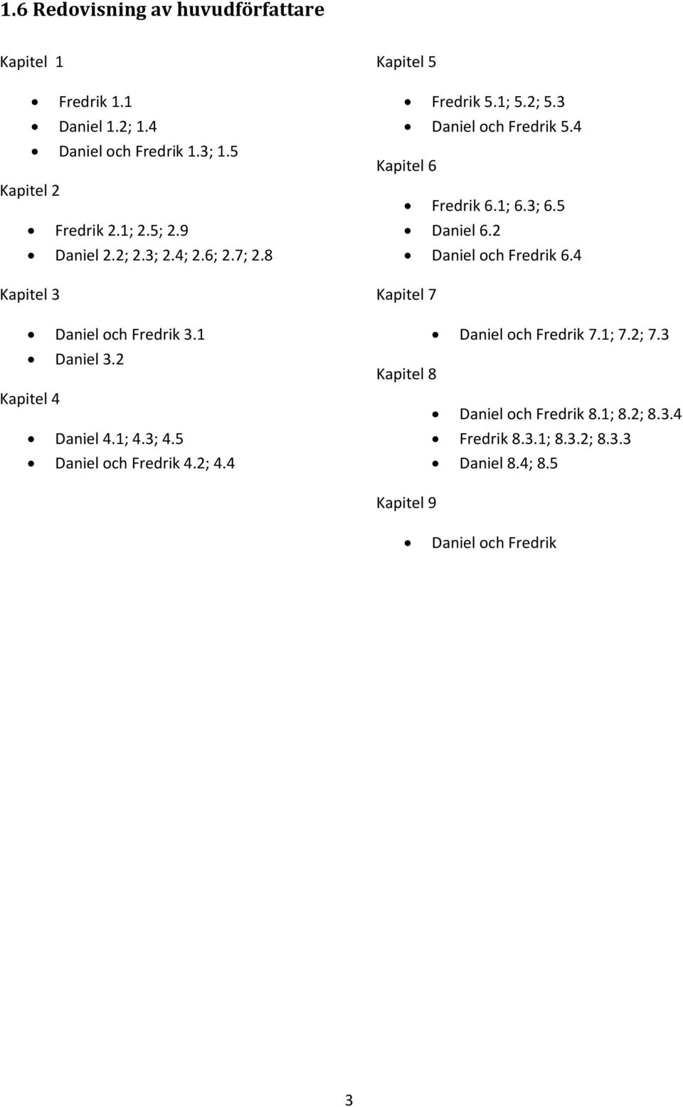4 Kapitel 5 Fredrik 5.1; 5.2; 5.3 Daniel och Fredrik 5.4 Kapitel 6 Fredrik 6.1; 6.3; 6.5 Daniel 6.2 Daniel och Fredrik 6.