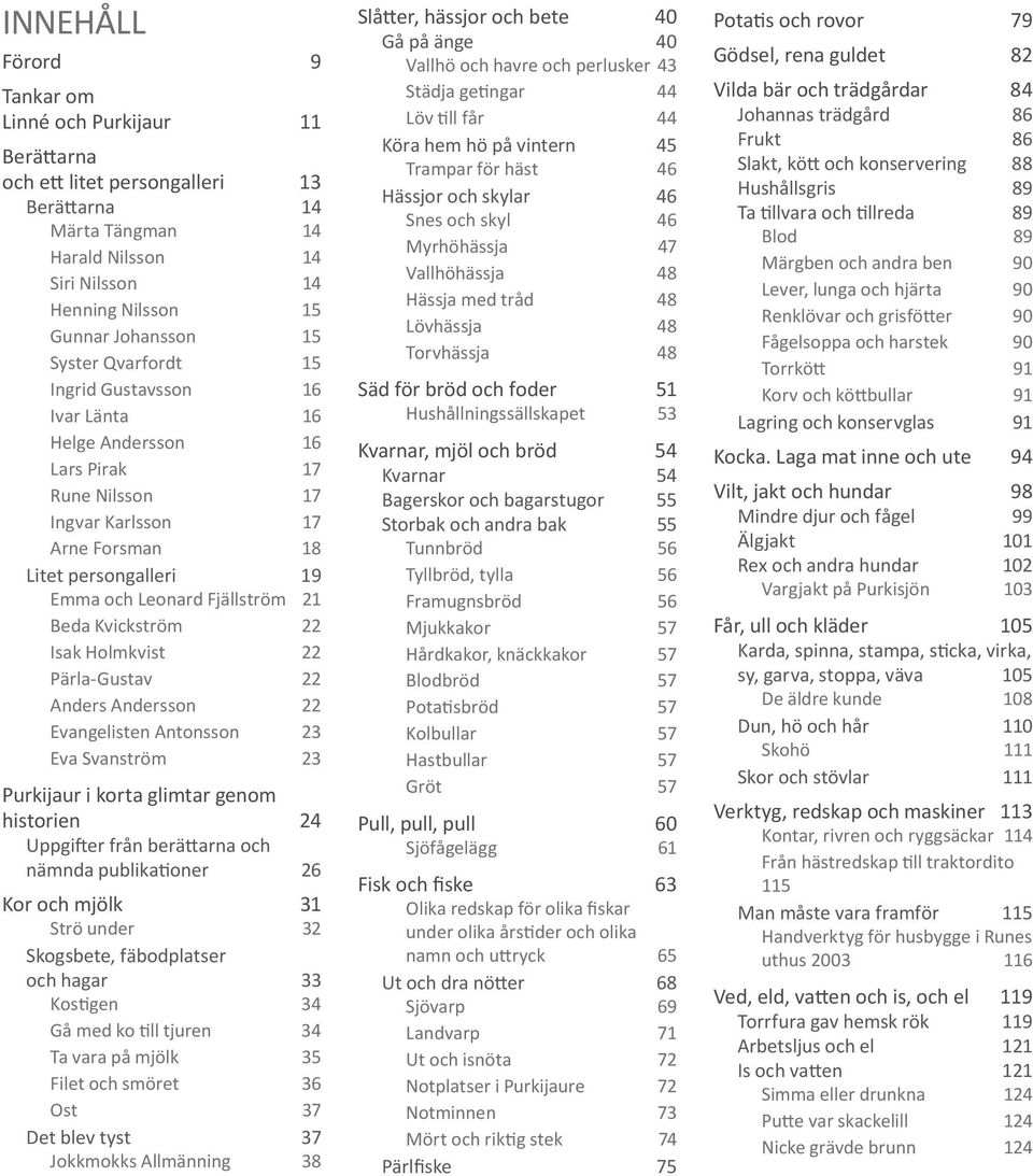 Isak Holmkvist 22 Pärla-Gustav 22 Anders Andersson 22 Evangelisten Antonsson 23 Eva Svanström 23 Purkijaur i korta glimtar genom historien 24 Uppgifter från berättarna och nämnda publikationer 26 Kor