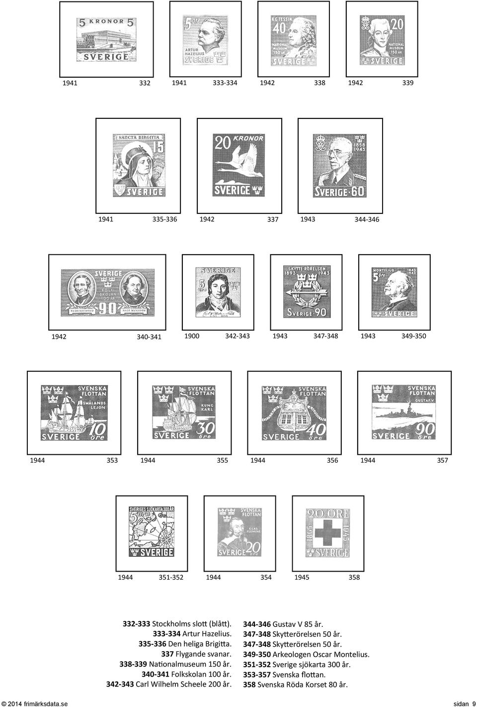 338-339 Nationalmuseum 150 år. 340-341 Folkskolan 100 år. 342-343 Carl Wilhelm Scheele 200 år. 344-346 Gustav V 85 år. 347-348 Skytterörelsen 50 år.