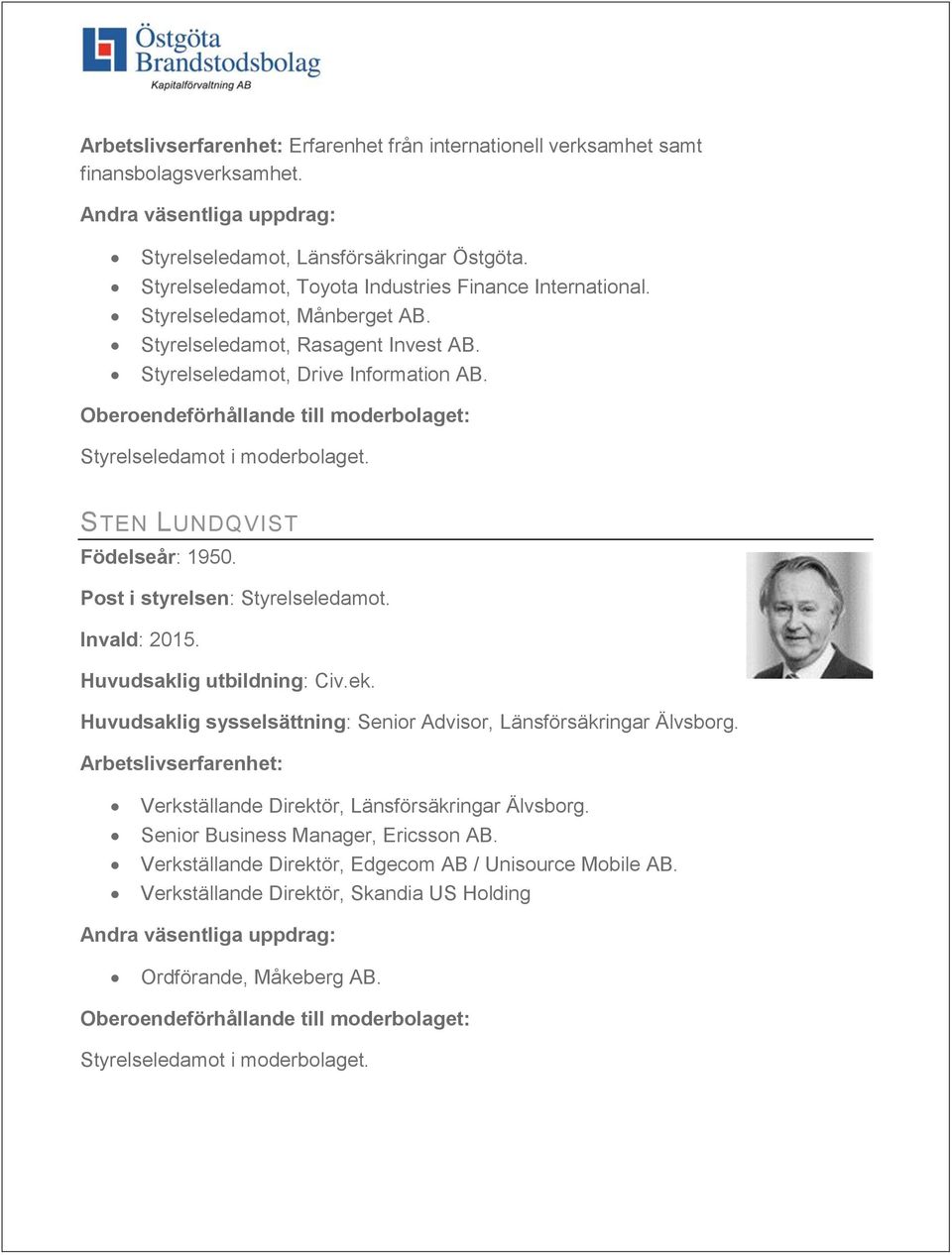 Invald: 2015. Huvudsaklig utbildning: Civ.ek. Huvudsaklig sysselsättning: Senior Advisor, Länsförsäkringar Älvsborg. Verkställande Direktör, Länsförsäkringar Älvsborg.